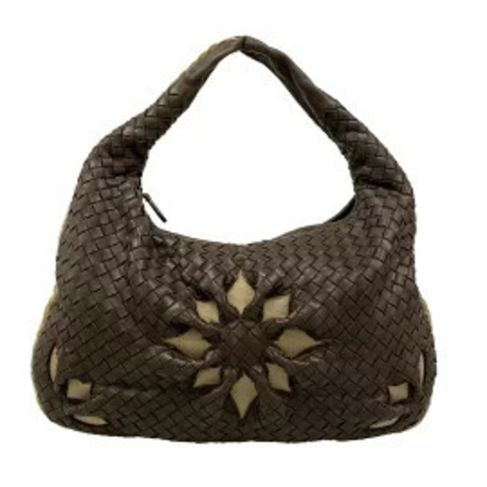 BOTTEGA VENETA Bag Handbag Flower Dark Brown x Beige Cream Leather